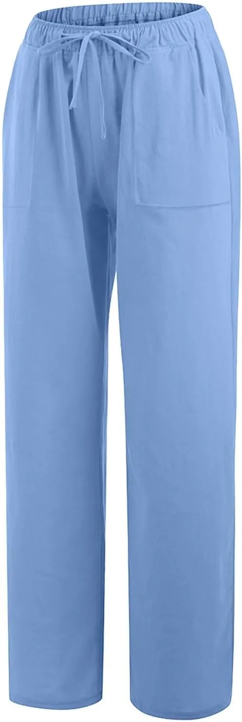 Linen Pants Women High Waisted Wide Leg Pants Drawstring Loose Fit Summer Trousers Beach Resort Wear 2025