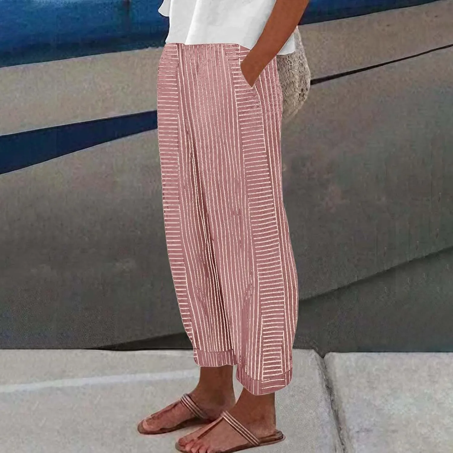 Linen Pants Women Linen Striped Elastic Waist Side Back Four Pockets 9/10 Loose Drawstring Elastic Waist Cropped Trouser