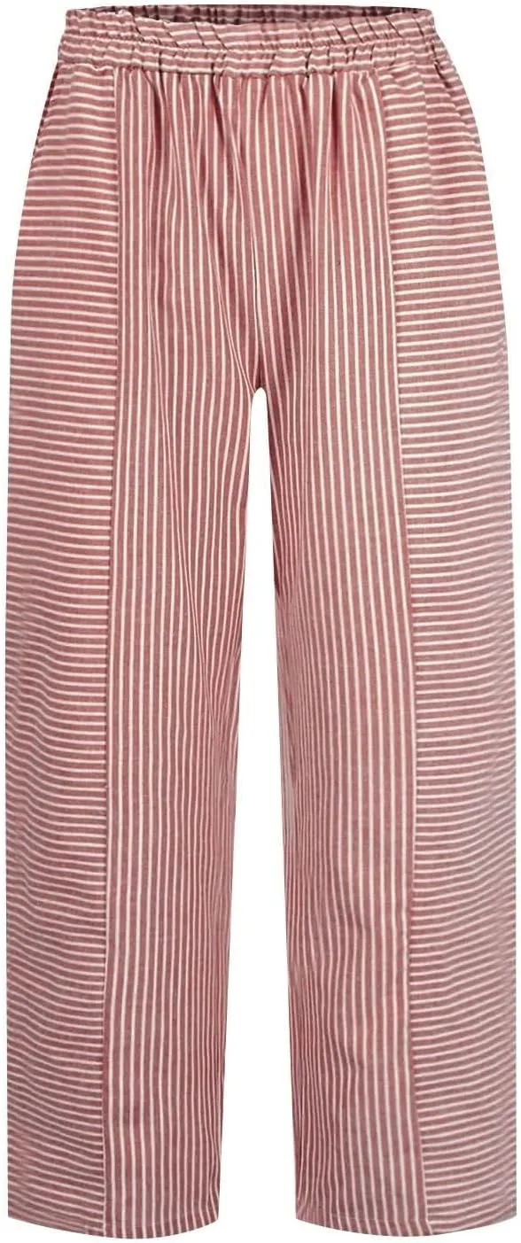 Linen Pants Women Linen Striped Elastic Waist Side Back Four Pockets 9/10 Loose Drawstring Elastic Waist Cropped Trouser