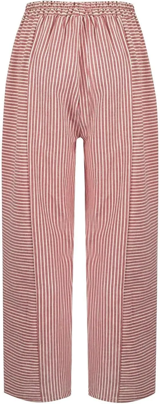 Linen Pants Women Linen Striped Elastic Waist Side Back Four Pockets 9/10 Loose Drawstring Elastic Waist Cropped Trouser