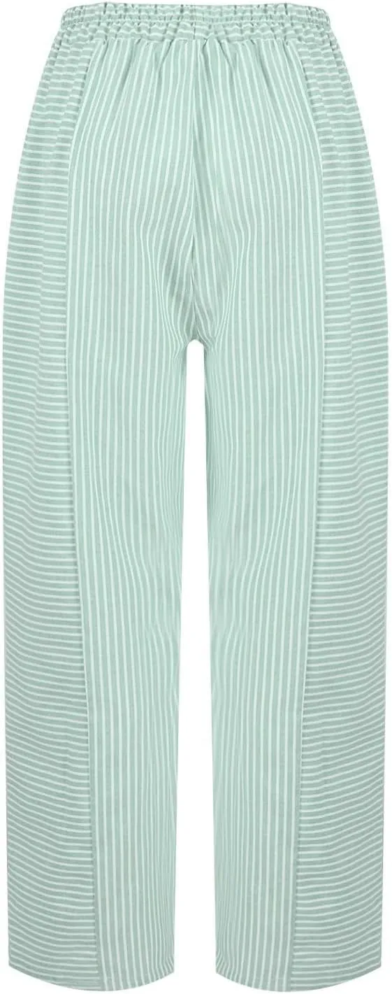 Linen Pants Women Linen Striped Elastic Waist Side Back Four Pockets 9/10 Loose Drawstring Elastic Waist Cropped Trouser
