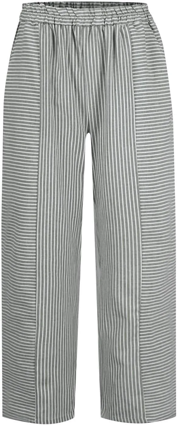 Linen Pants Women Linen Striped Elastic Waist Side Back Four Pockets 9/10 Loose Drawstring Elastic Waist Cropped Trouser