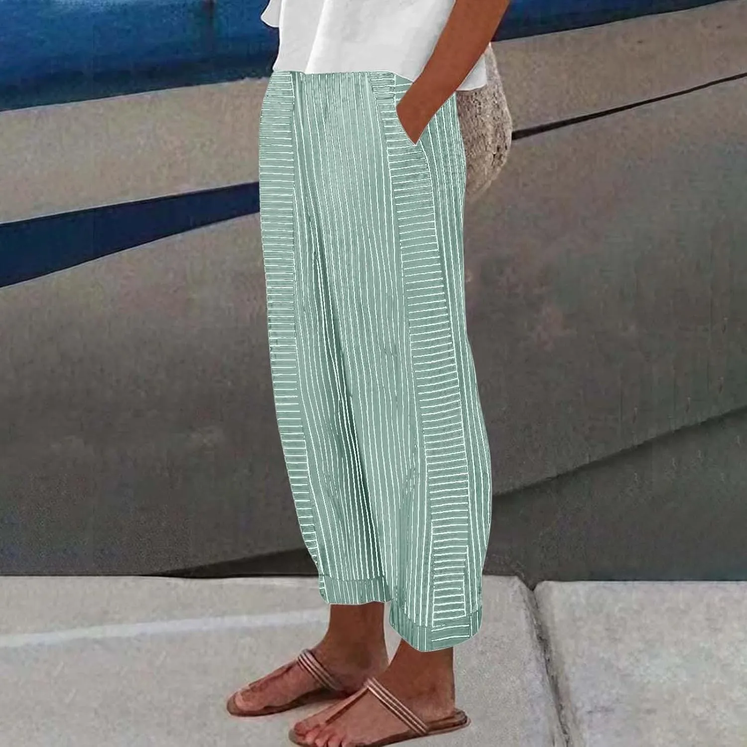 Linen Pants Women Linen Striped Elastic Waist Side Back Four Pockets 9/10 Loose Drawstring Elastic Waist Cropped Trouser