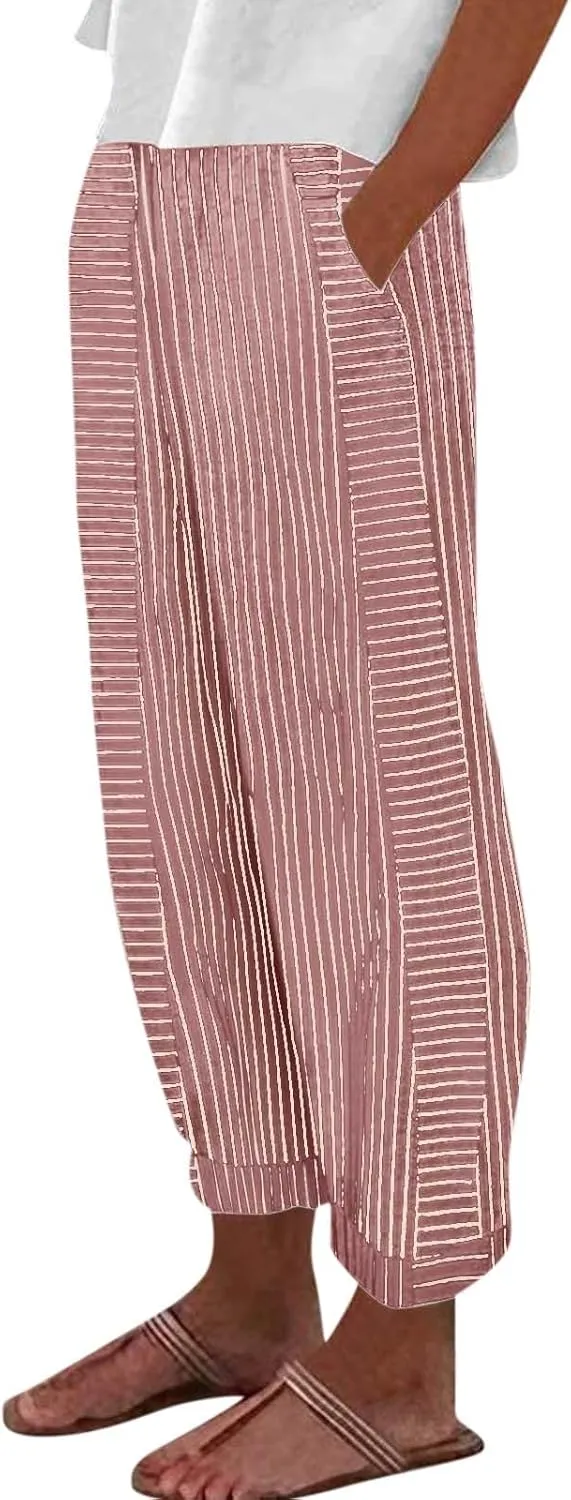 Linen Pants Women Linen Striped Elastic Waist Side Back Four Pockets 9/10 Loose Drawstring Elastic Waist Cropped Trouser