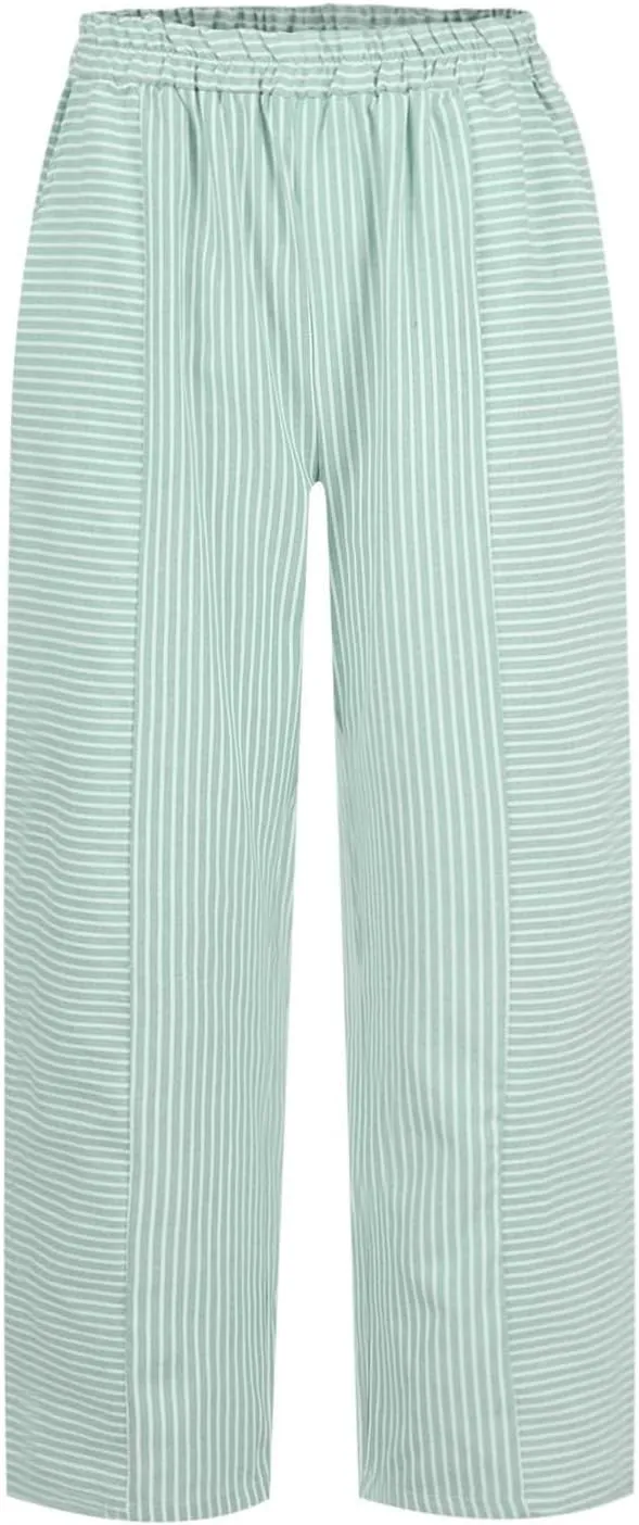 Linen Pants Women Linen Striped Elastic Waist Side Back Four Pockets 9/10 Loose Drawstring Elastic Waist Cropped Trouser