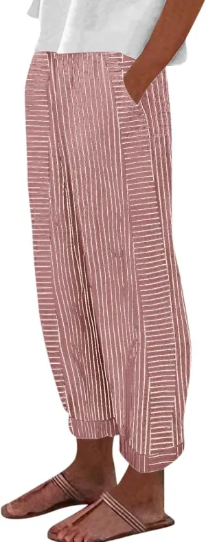 Linen Pants Women Linen Striped Elastic Waist Side Back Four Pockets 9/10 Loose Drawstring Elastic Waist Cropped Trouser