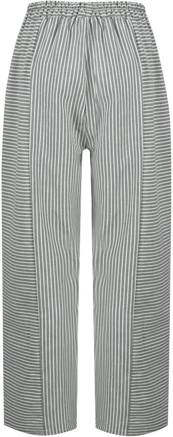 Linen Pants Women Linen Striped Elastic Waist Side Back Four Pockets 9/10 Loose Drawstring Elastic Waist Cropped Trouser