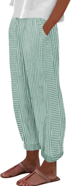 Linen Pants Women Linen Striped Elastic Waist Side Back Four Pockets 9/10 Loose Drawstring Elastic Waist Cropped Trouser