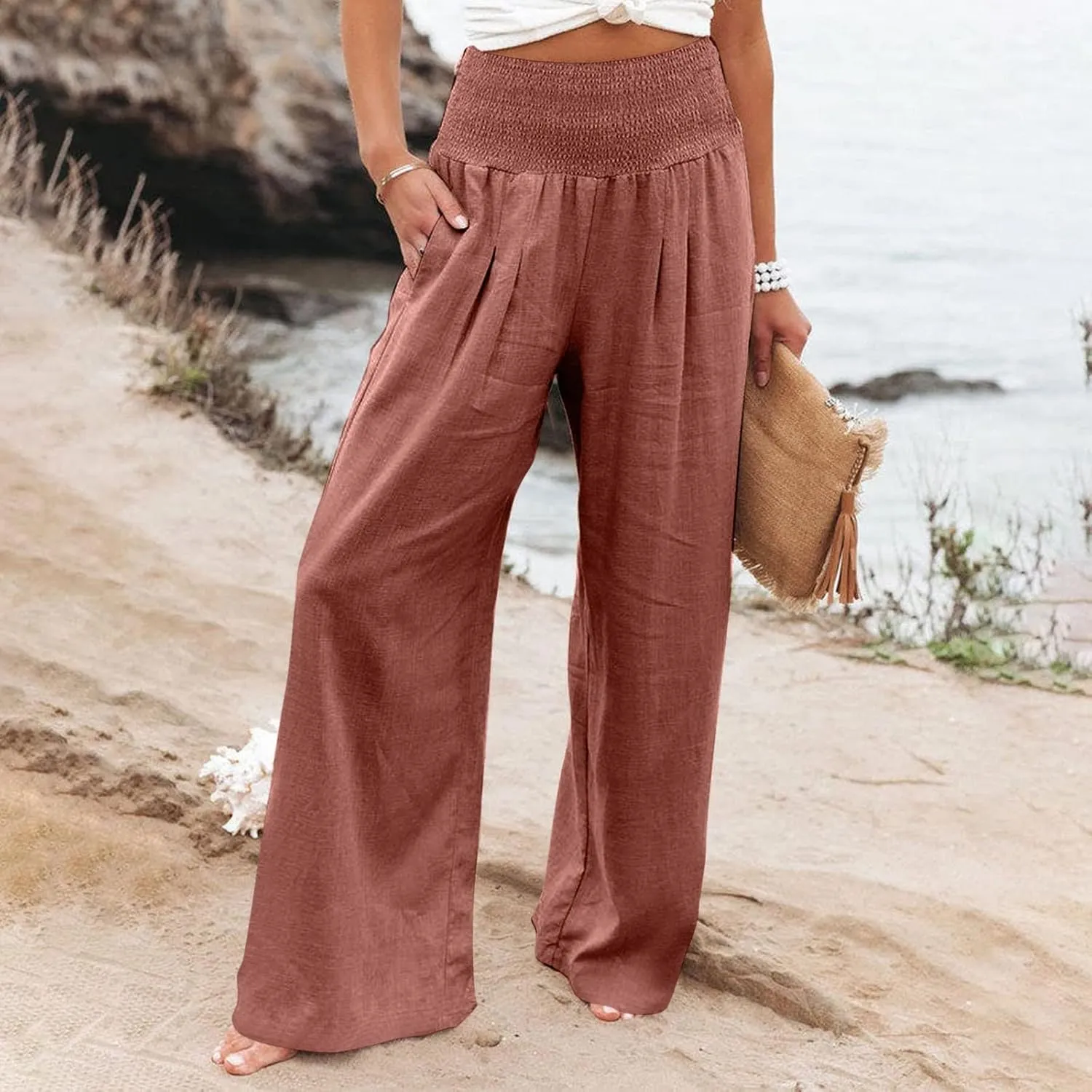 Linen Pants Women Palazzo Wide Leg Lounge Pants Elastic Waist Smocked Pants Summer Trousers with Pockets