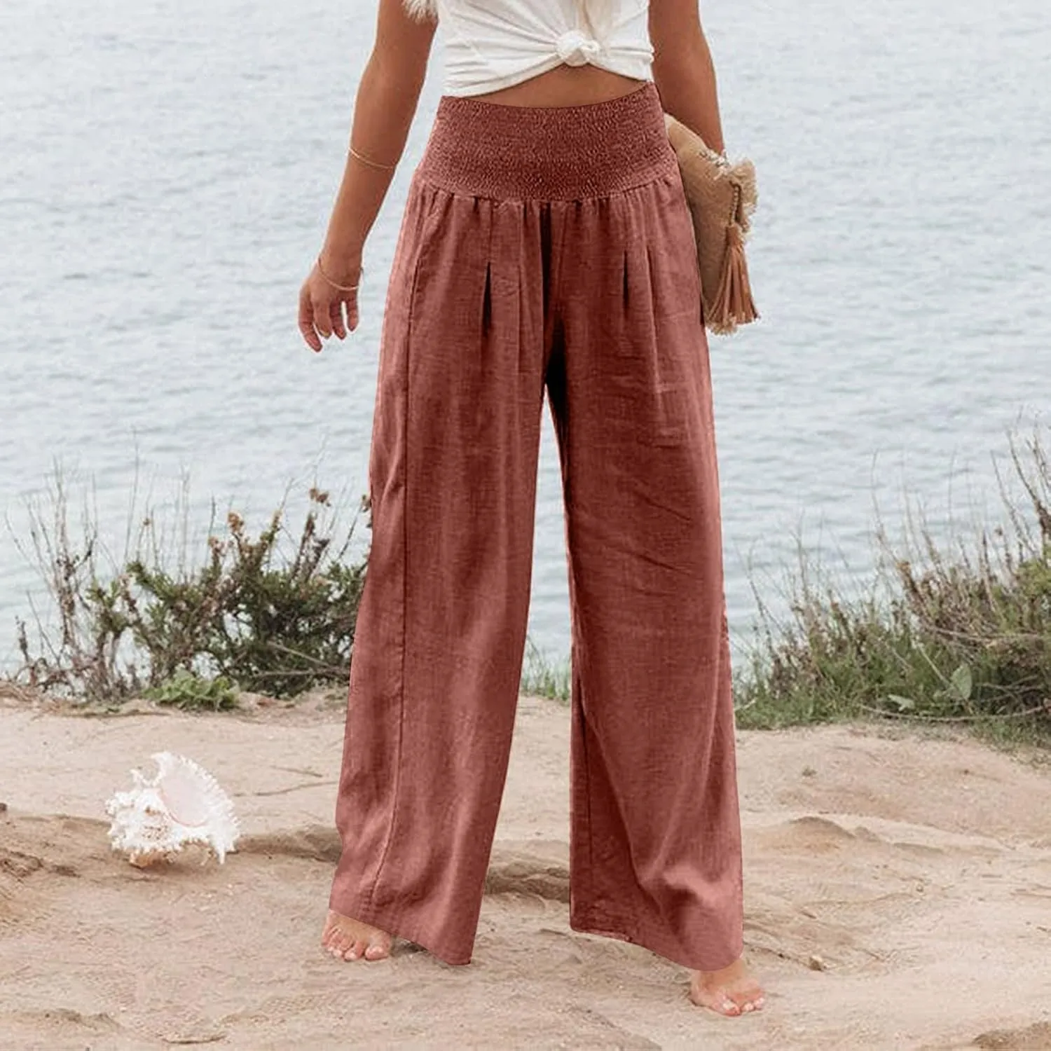 Linen Pants Women Palazzo Wide Leg Lounge Pants Elastic Waist Smocked Pants Summer Trousers with Pockets