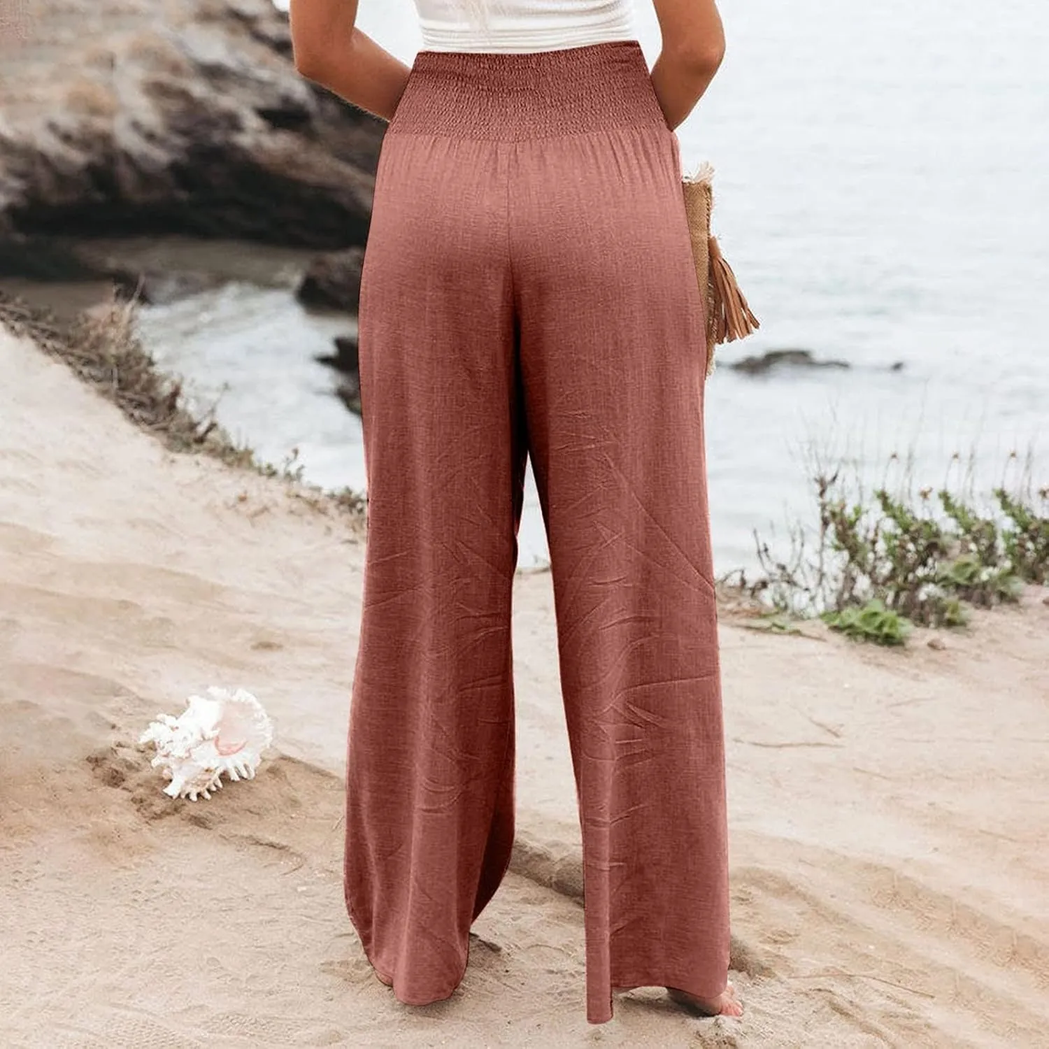 Linen Pants Women Palazzo Wide Leg Lounge Pants Elastic Waist Smocked Pants Summer Trousers with Pockets