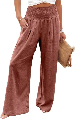 Linen Pants Women Palazzo Wide Leg Lounge Pants Elastic Waist Smocked Pants Summer Trousers with Pockets