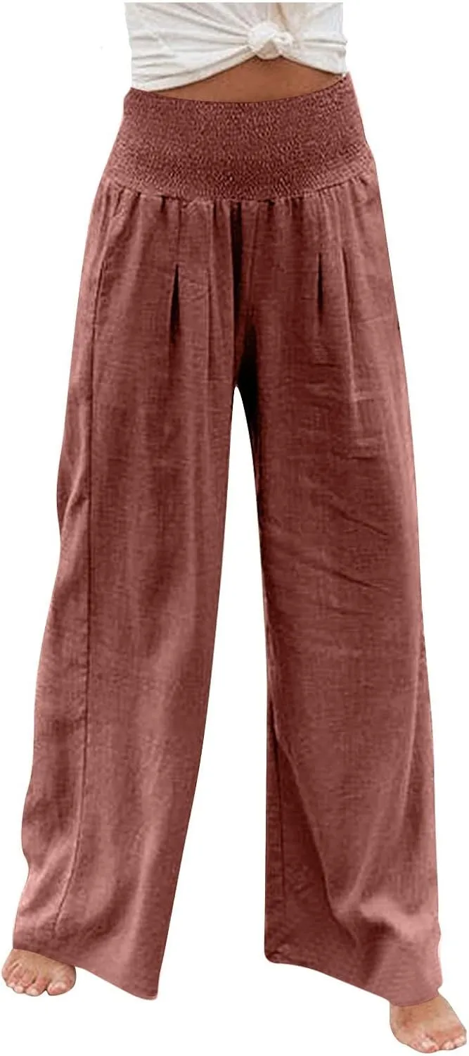 Linen Pants Women Palazzo Wide Leg Lounge Pants Elastic Waist Smocked Pants Summer Trousers with Pockets