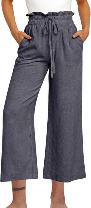 Linen Pants Women Ruffle Drawstring High Waist Wide Leg Pants with Pockets Dressy Casual Straight Trousers Summer