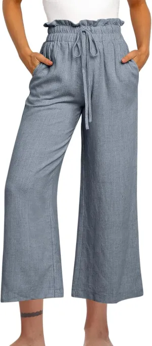 Linen Pants Women Ruffle Drawstring High Waist Wide Leg Pants with Pockets Dressy Casual Straight Trousers Summer