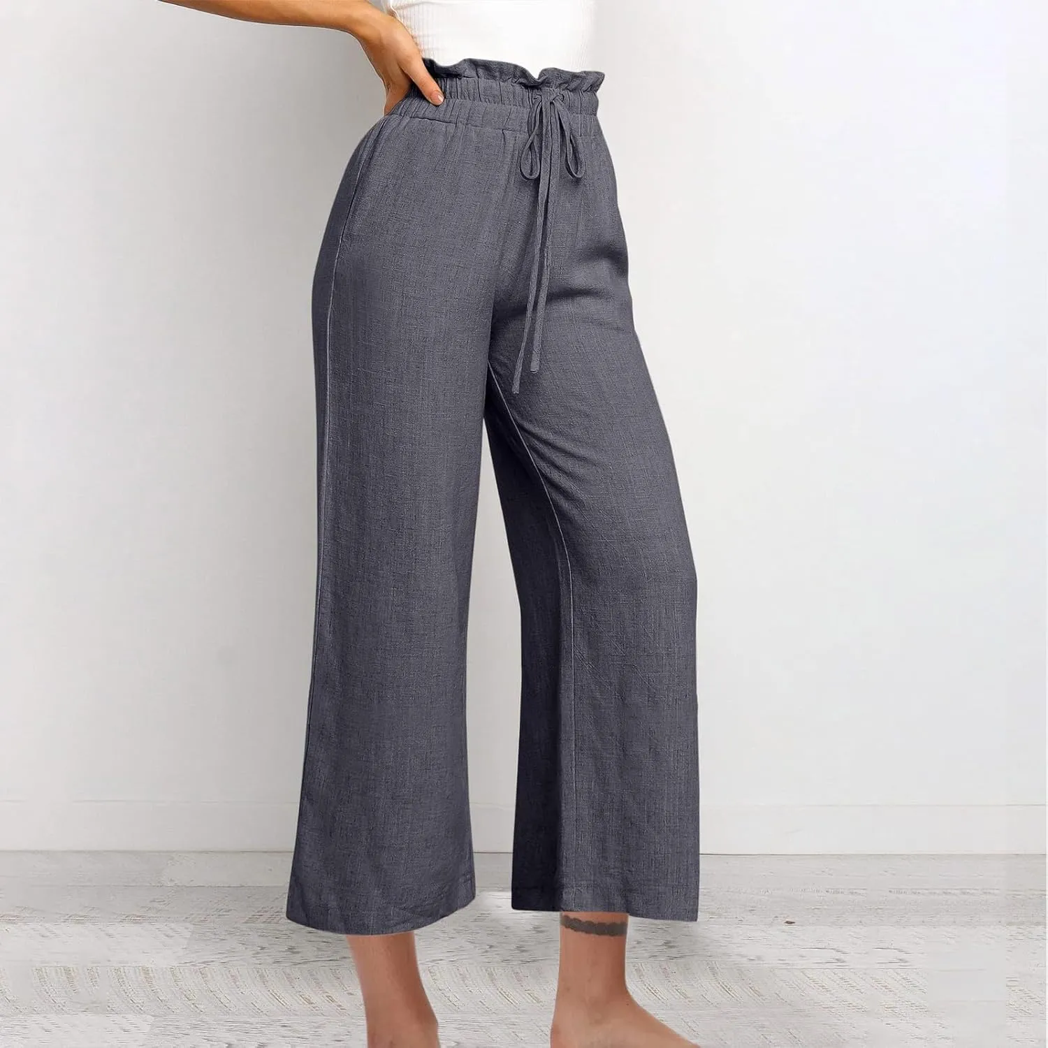 Linen Pants Women Ruffle Drawstring High Waist Wide Leg Pants with Pockets Dressy Casual Straight Trousers Summer