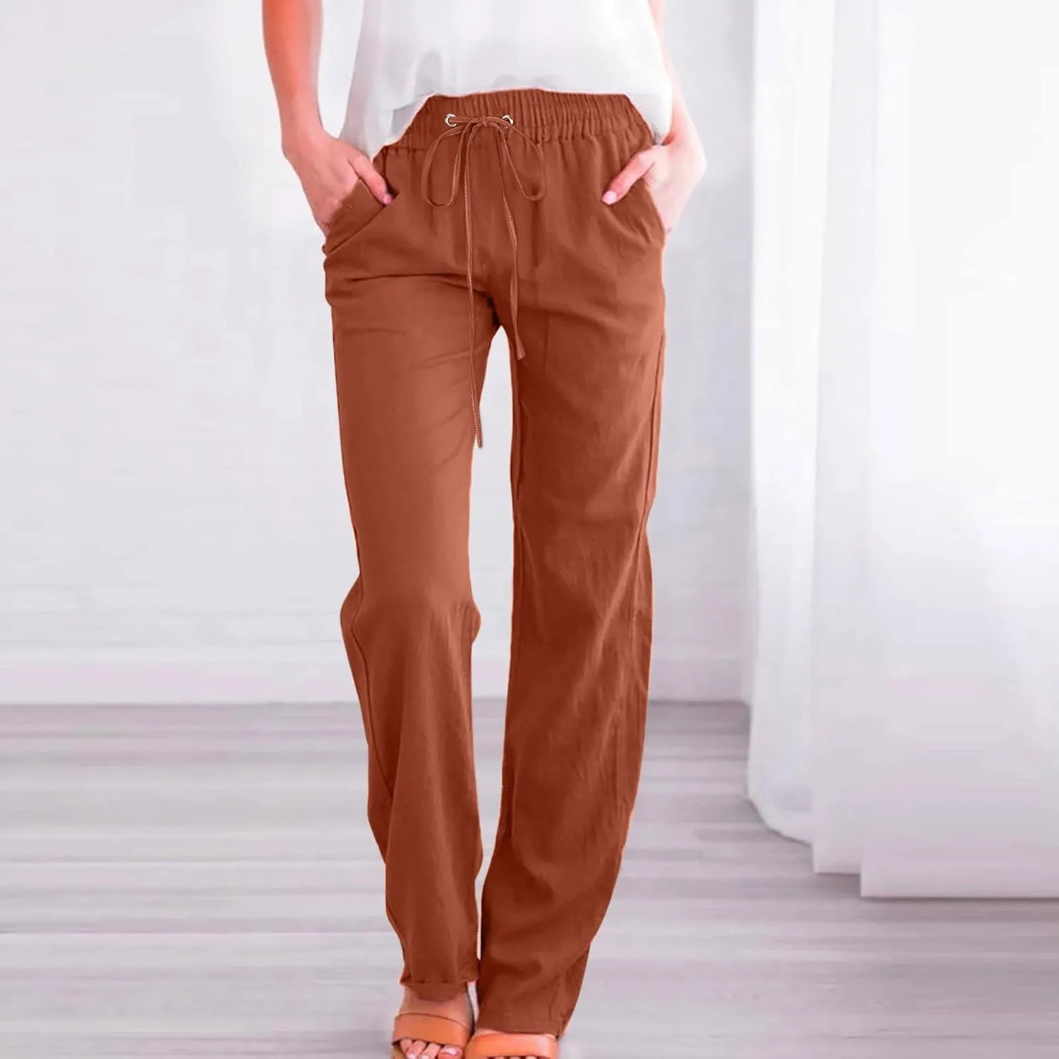 Linen Pants Women Summer Capri Women's Cotton Linen Capris Lightweight Baggy Cropped Lounge Trousers