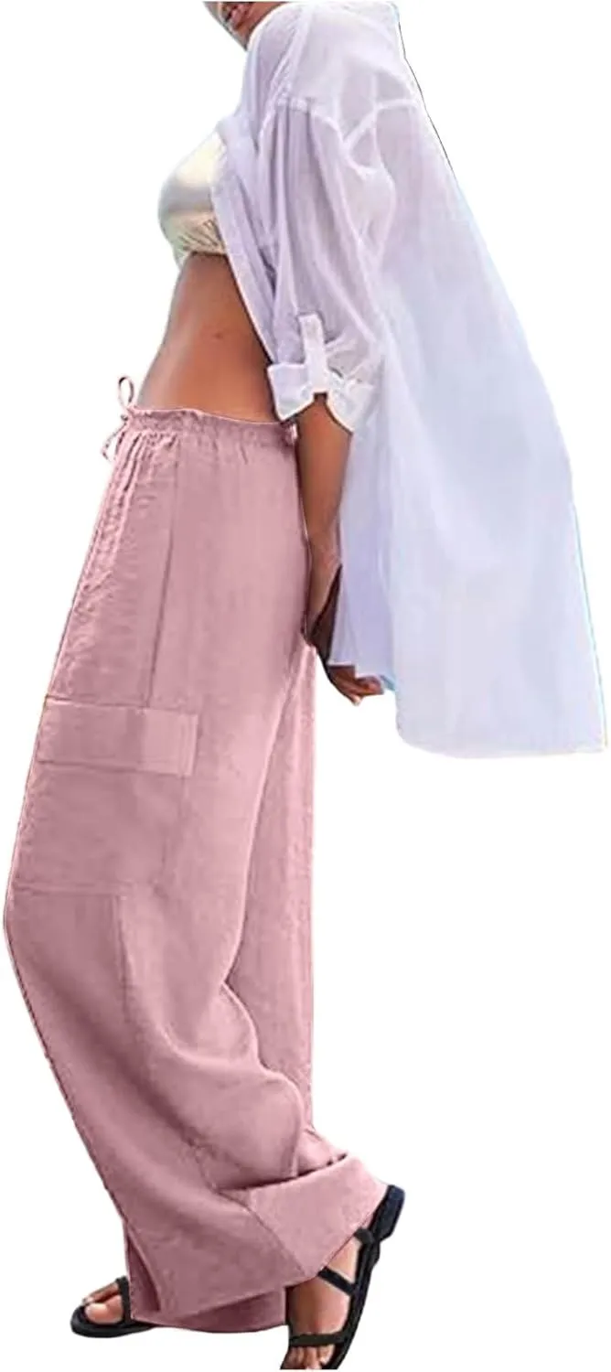 Linen Pants Women Summer Casual High Waisted Cargo Pants with Pockets Lightweight Loose Comfy Linen Palazzo Pants