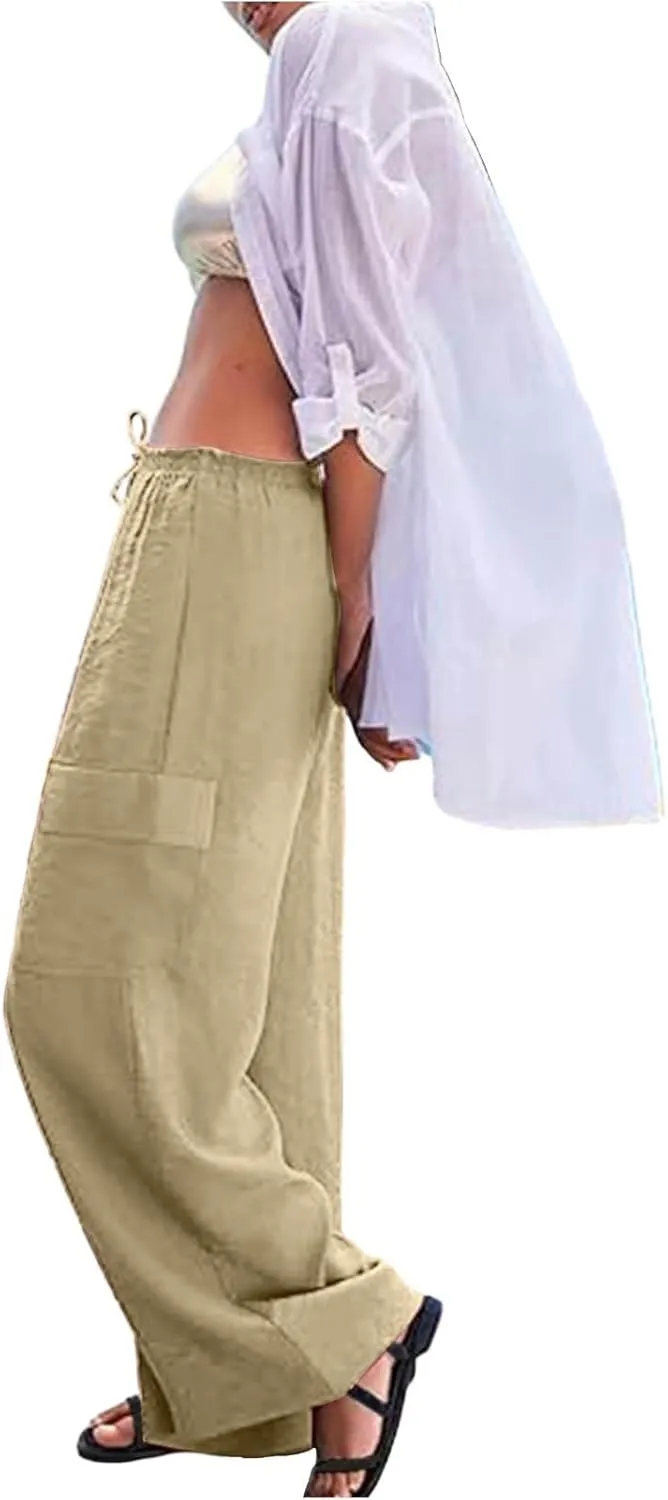 Linen Pants Women Summer Casual High Waisted Cargo Pants with Pockets Lightweight Loose Comfy Linen Palazzo Pants