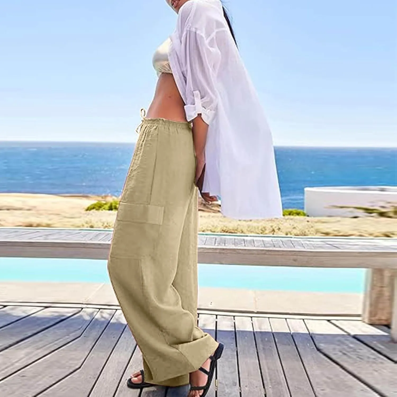 Linen Pants Women Summer Casual High Waisted Cargo Pants with Pockets Lightweight Loose Comfy Linen Palazzo Pants