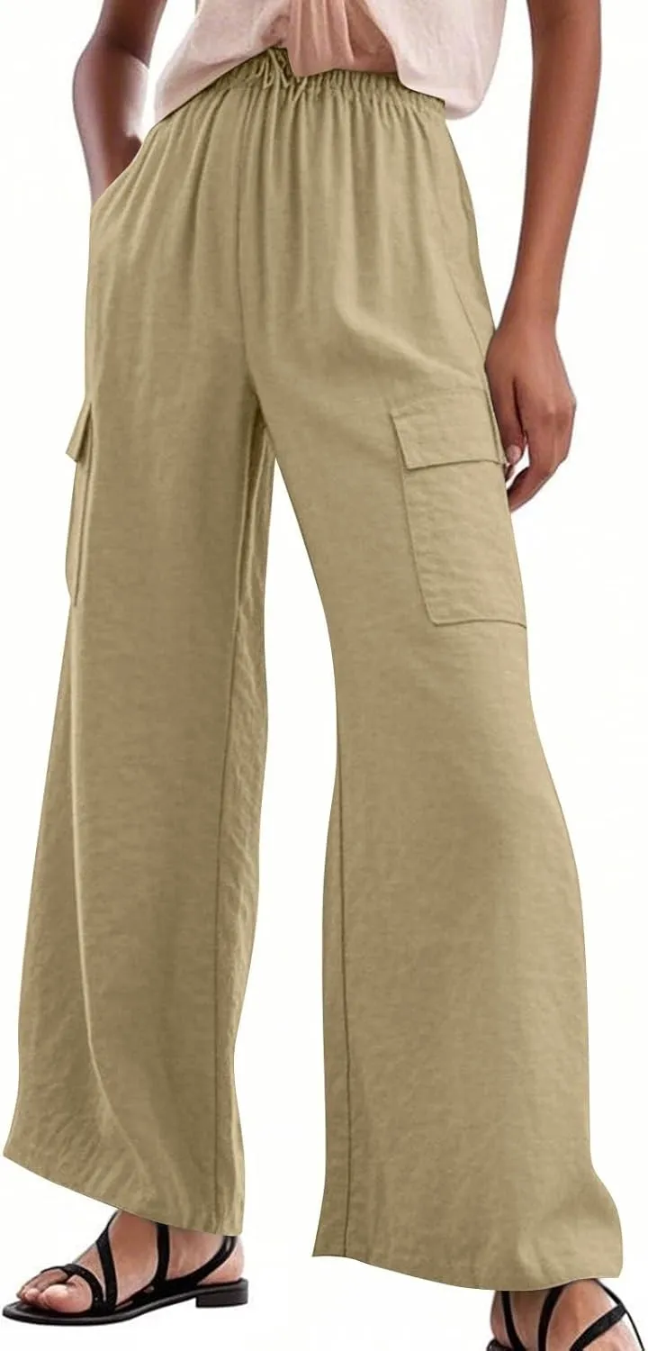 Linen Pants Women Summer Casual High Waisted Cargo Pants with Pockets Lightweight Loose Comfy Linen Palazzo Pants