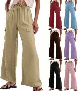 Linen Pants Women Summer Casual High Waisted Cargo Pants with Pockets Lightweight Loose Comfy Linen Palazzo Pants