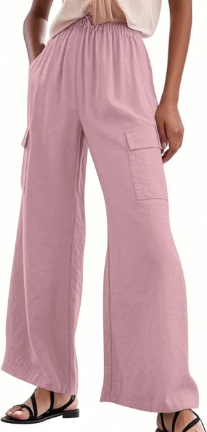Linen Pants Women Summer Casual High Waisted Cargo Pants with Pockets Lightweight Loose Comfy Linen Palazzo Pants