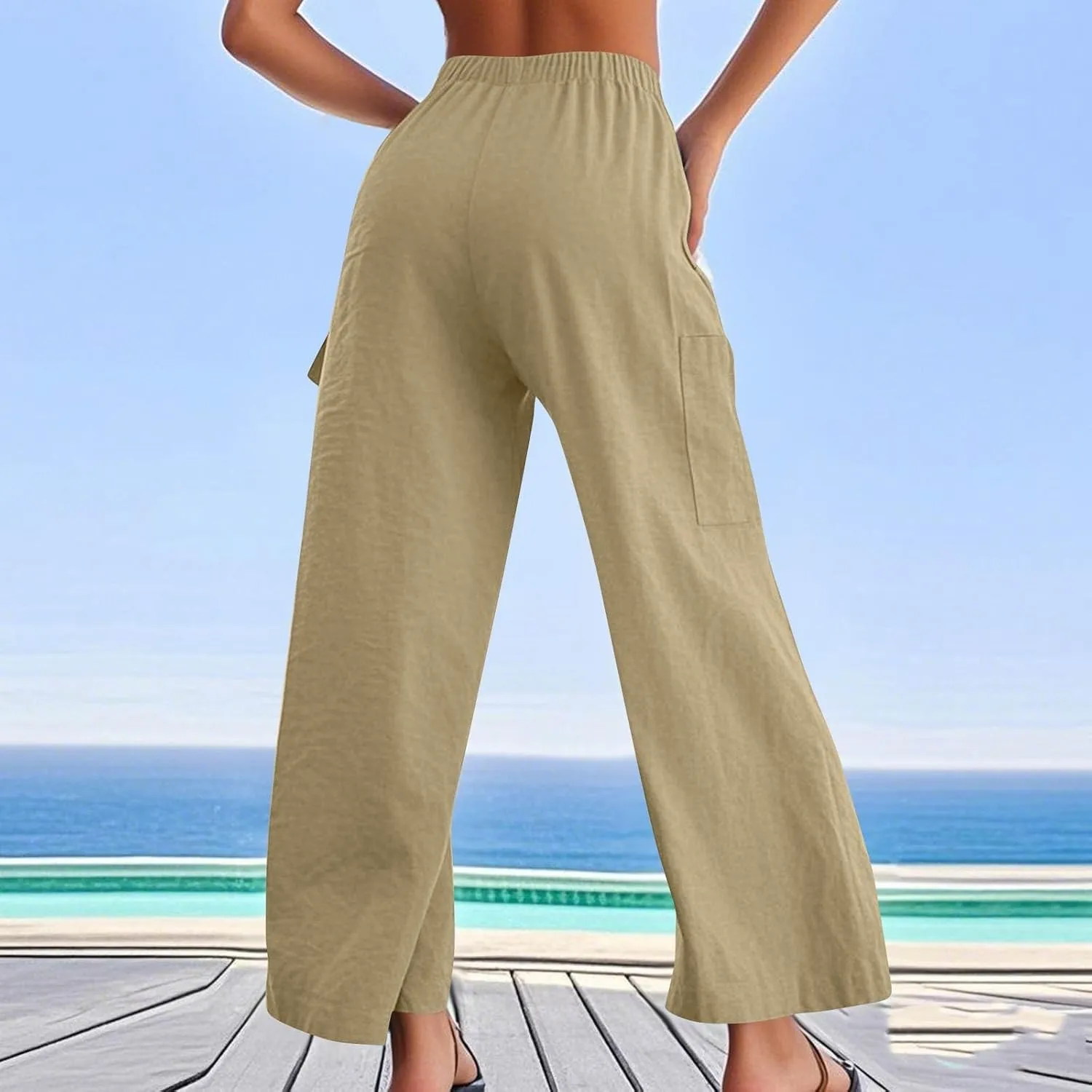 Linen Pants Women Summer Casual High Waisted Cargo Pants with Pockets Lightweight Loose Comfy Linen Palazzo Pants