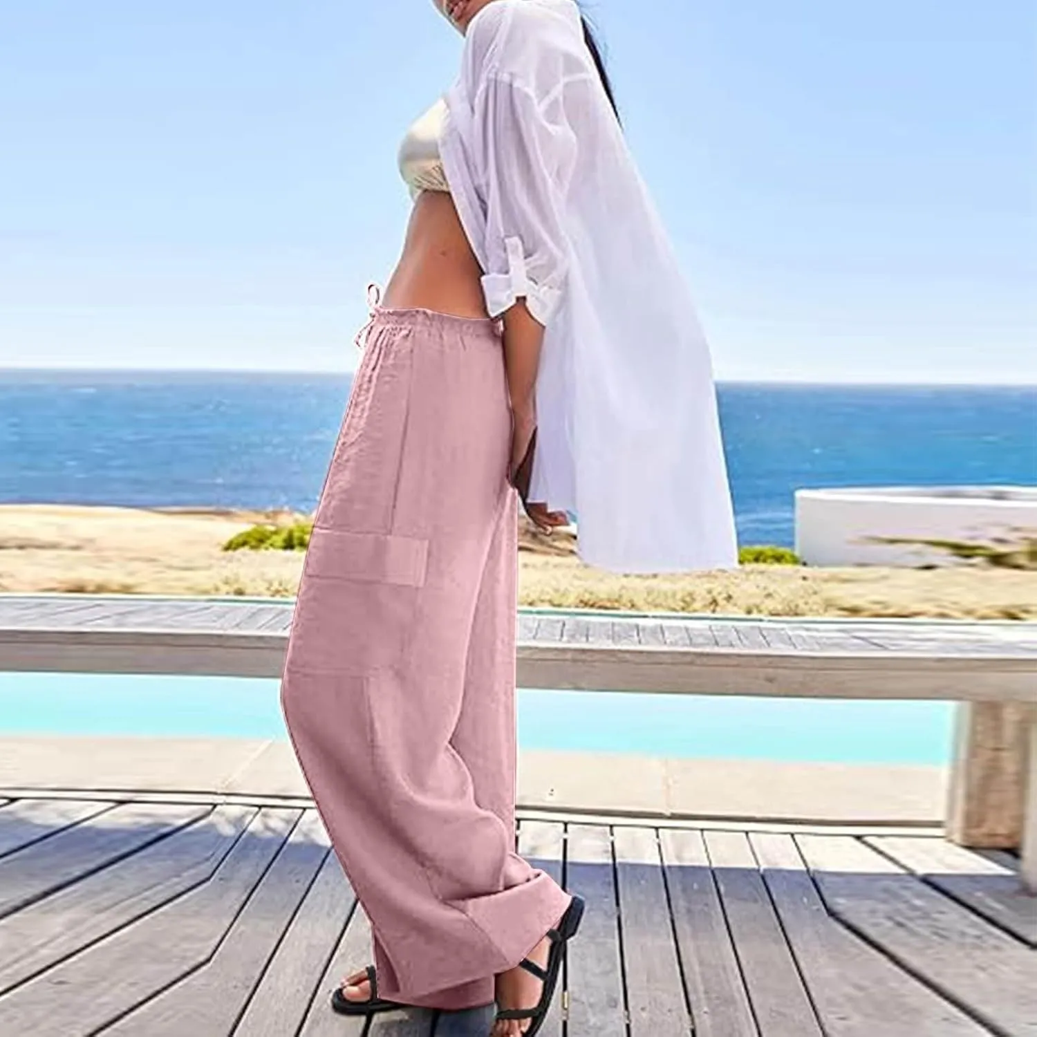 Linen Pants Women Summer Casual High Waisted Cargo Pants with Pockets Lightweight Loose Comfy Linen Palazzo Pants