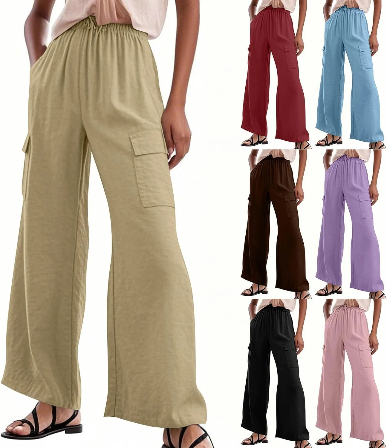 Linen Pants Women Summer Casual High Waisted Cargo Pants with Pockets Lightweight Loose Comfy Linen Palazzo Pants