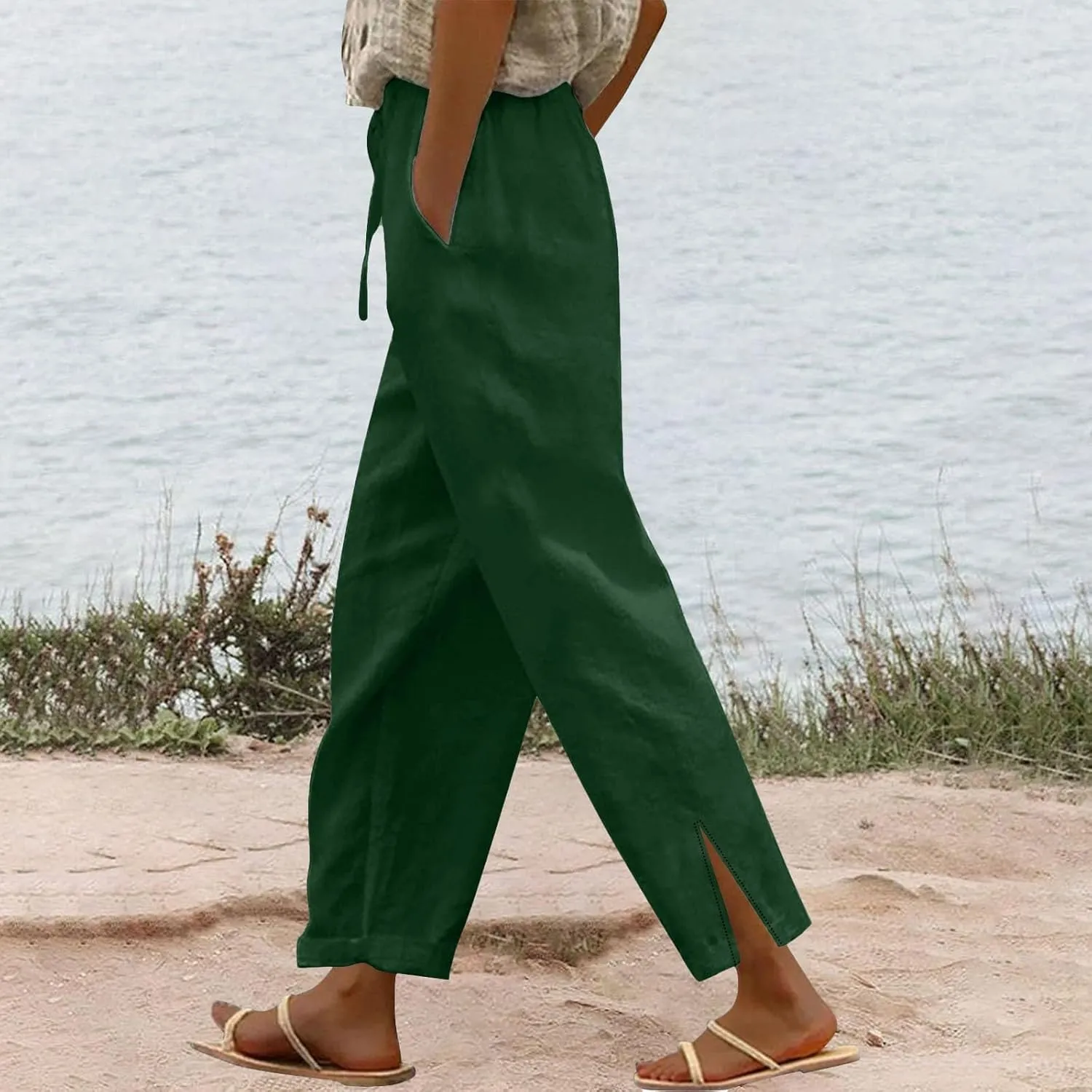 Linen Pants Women Summer Elastic Waist Pants Straight Leg Pants Lounge Beach Trousers with Pockets