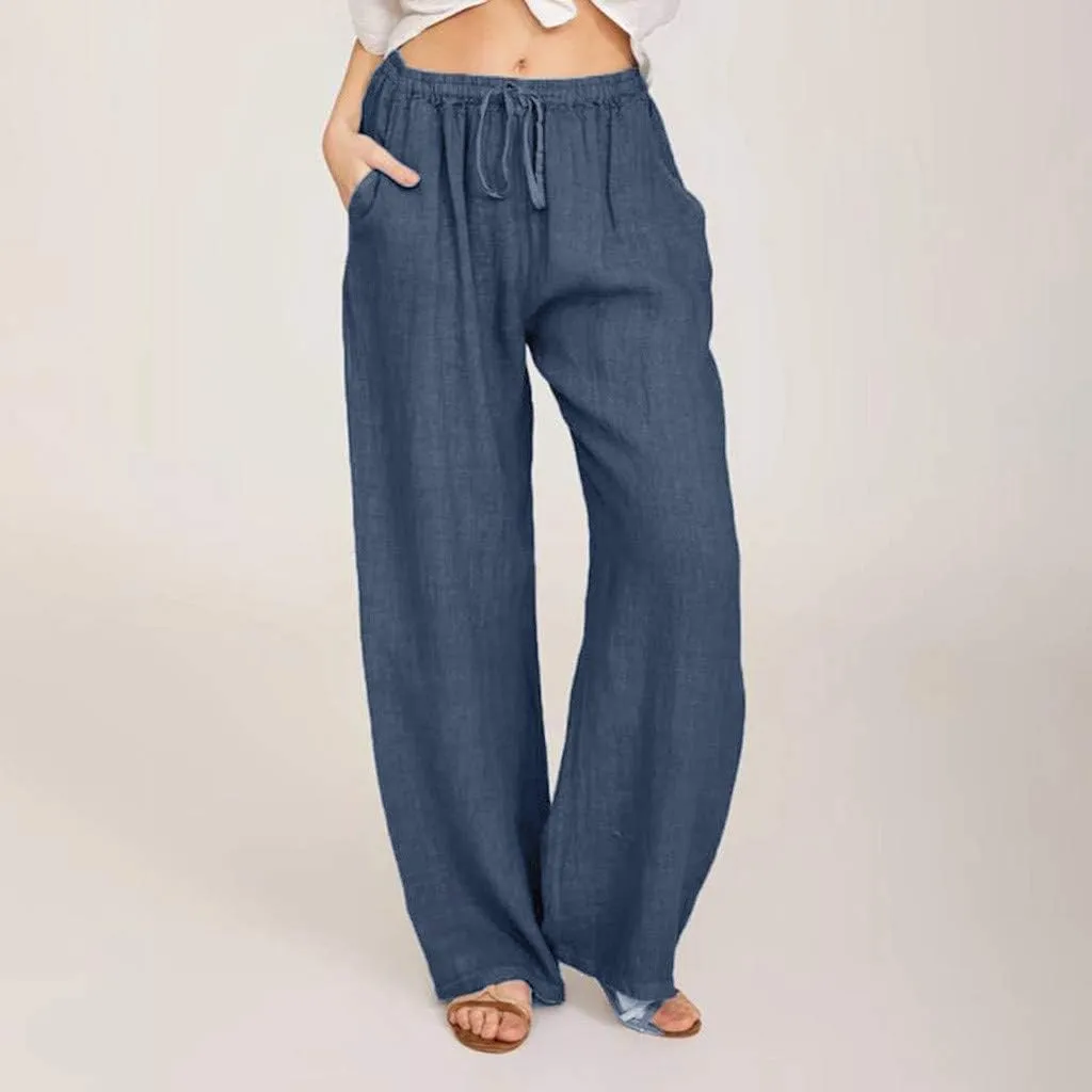 Linen Pants Women Summer High Waist Wide Leg Pants Casual Lightweight Drawstring Palazzo Pants Lounges with Pocket