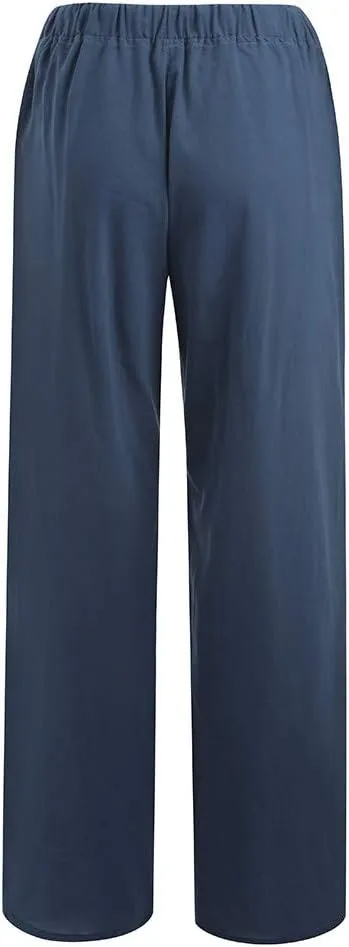 Linen Pants Women Summer High Waist Wide Leg Pants Casual Lightweight Drawstring Palazzo Pants Lounges with Pocket