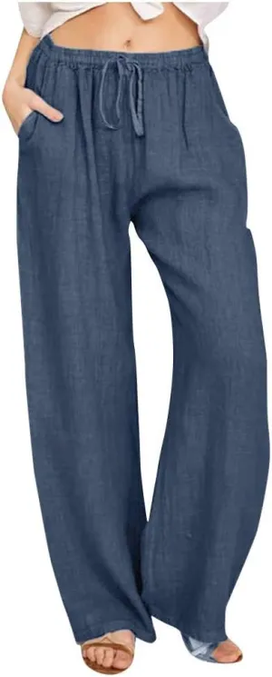 Linen Pants Women Summer High Waist Wide Leg Pants Casual Lightweight Drawstring Palazzo Pants Lounges with Pocket