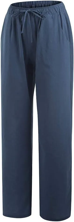 Linen Pants Women Summer High Waist Wide Leg Pants Casual Lightweight Drawstring Palazzo Pants Lounges with Pocket