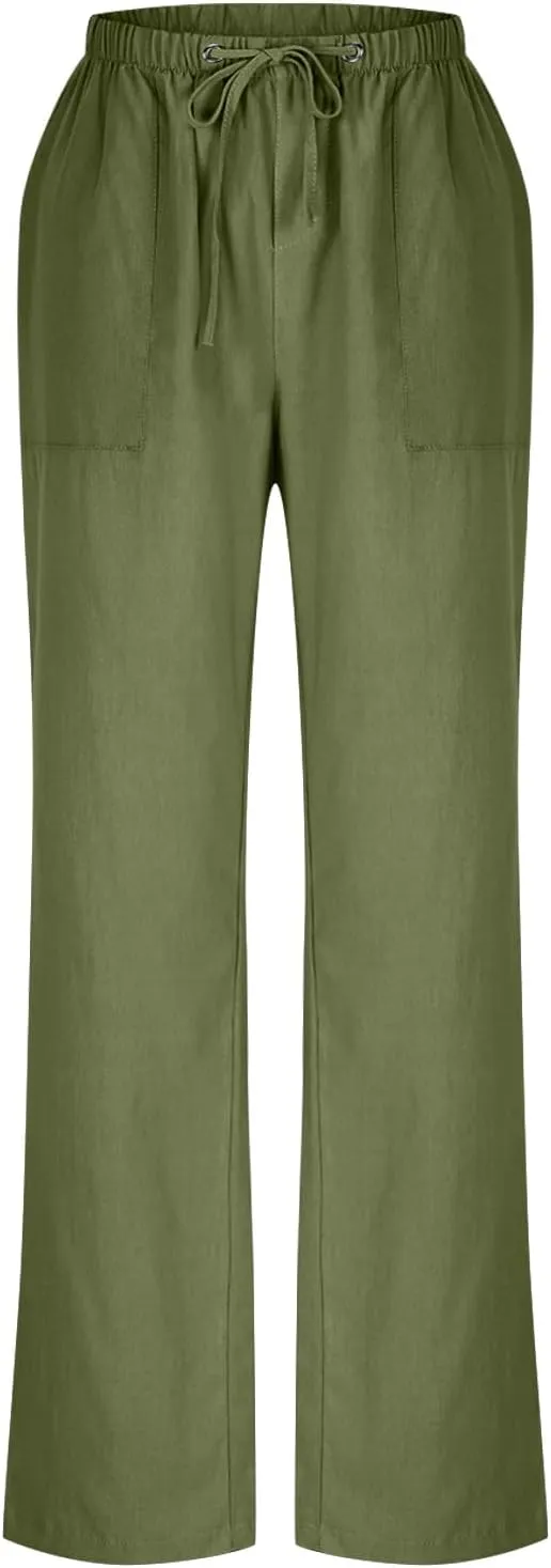 Linen Pants Women Summer Wide Leg High Waisted Casual Pant Drawstring Elastic Waist Palazzo Beach Trousers with Pockets