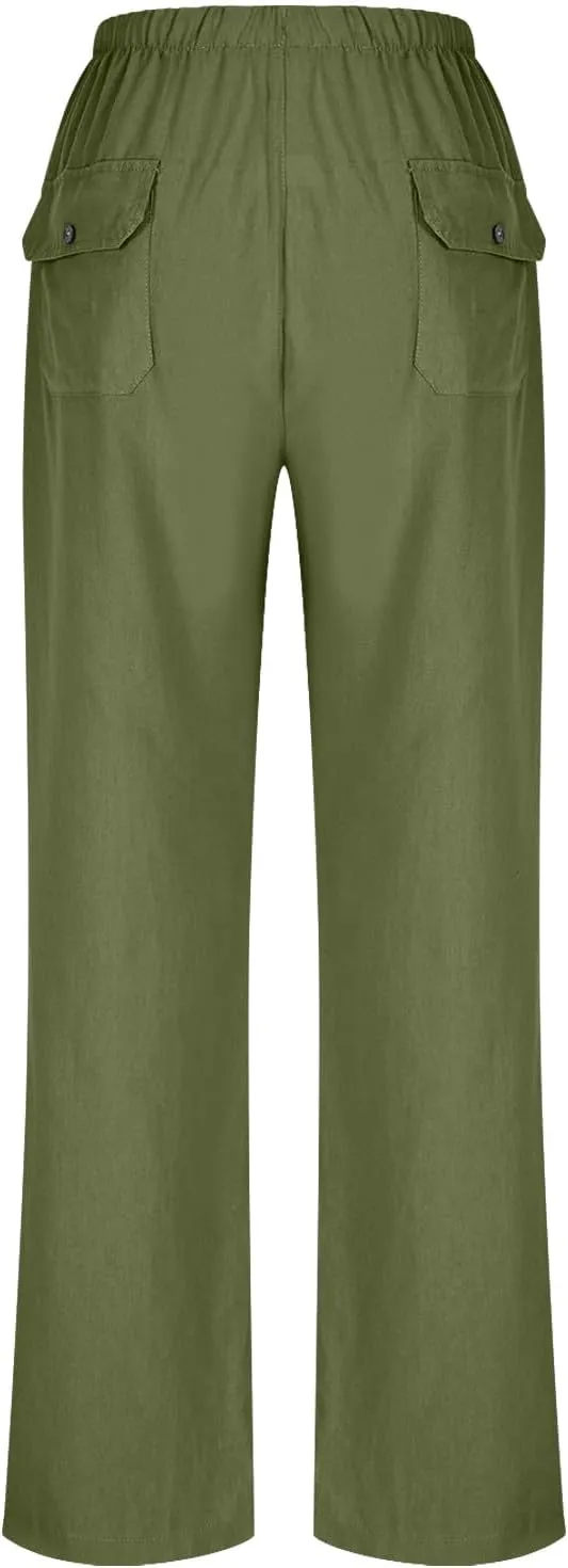 Linen Pants Women Summer Wide Leg High Waisted Casual Pant Drawstring Elastic Waist Palazzo Beach Trousers with Pockets