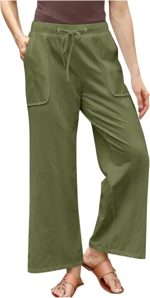 Linen Pants Women Summer Wide Leg High Waisted Casual Pant Drawstring Elastic Waist Palazzo Beach Trousers with Pockets