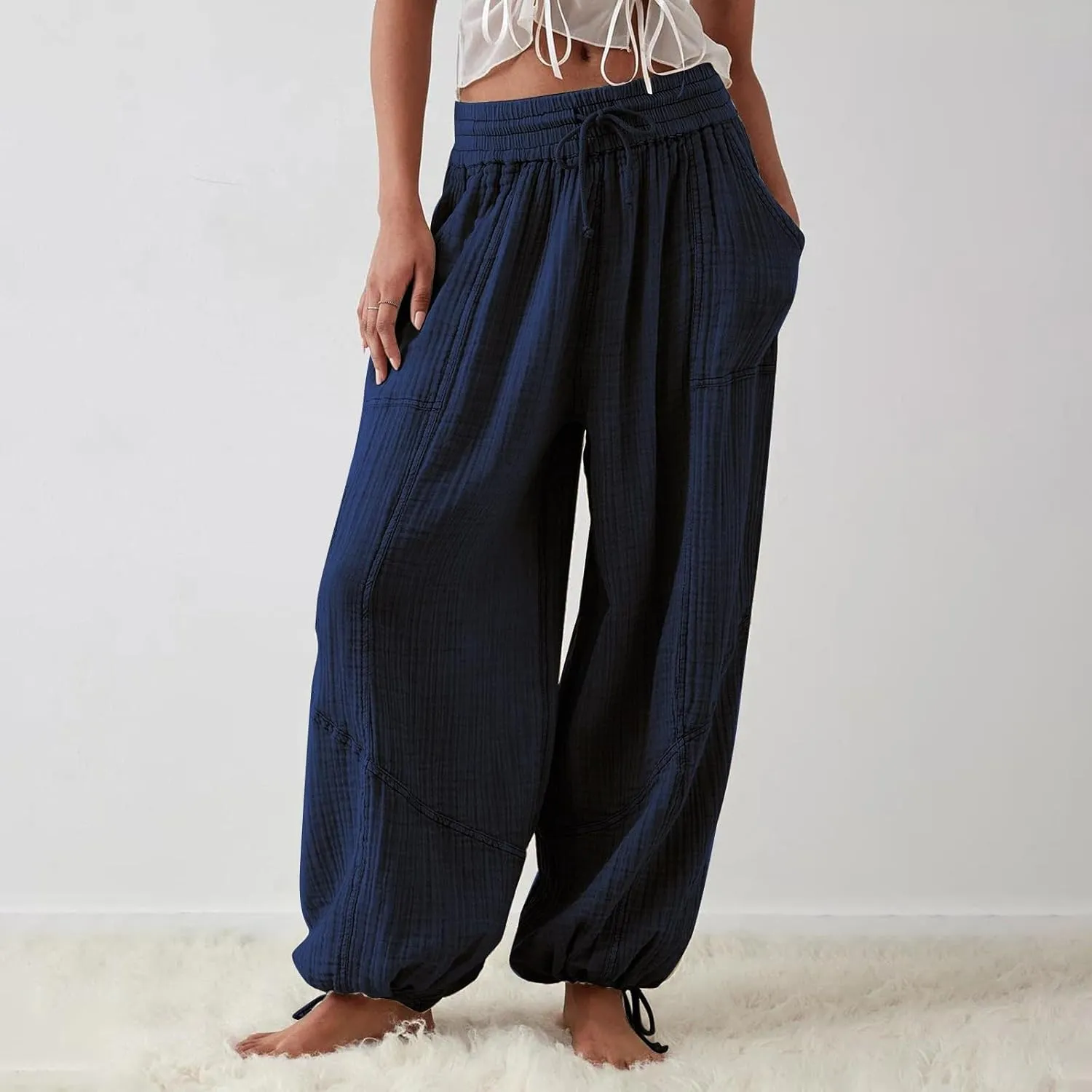 Linen Pants Women White Linen Pants Women Summer Baggy Pants 2024 Wide Leg Pants Woman Drastring Trousers with Pocket