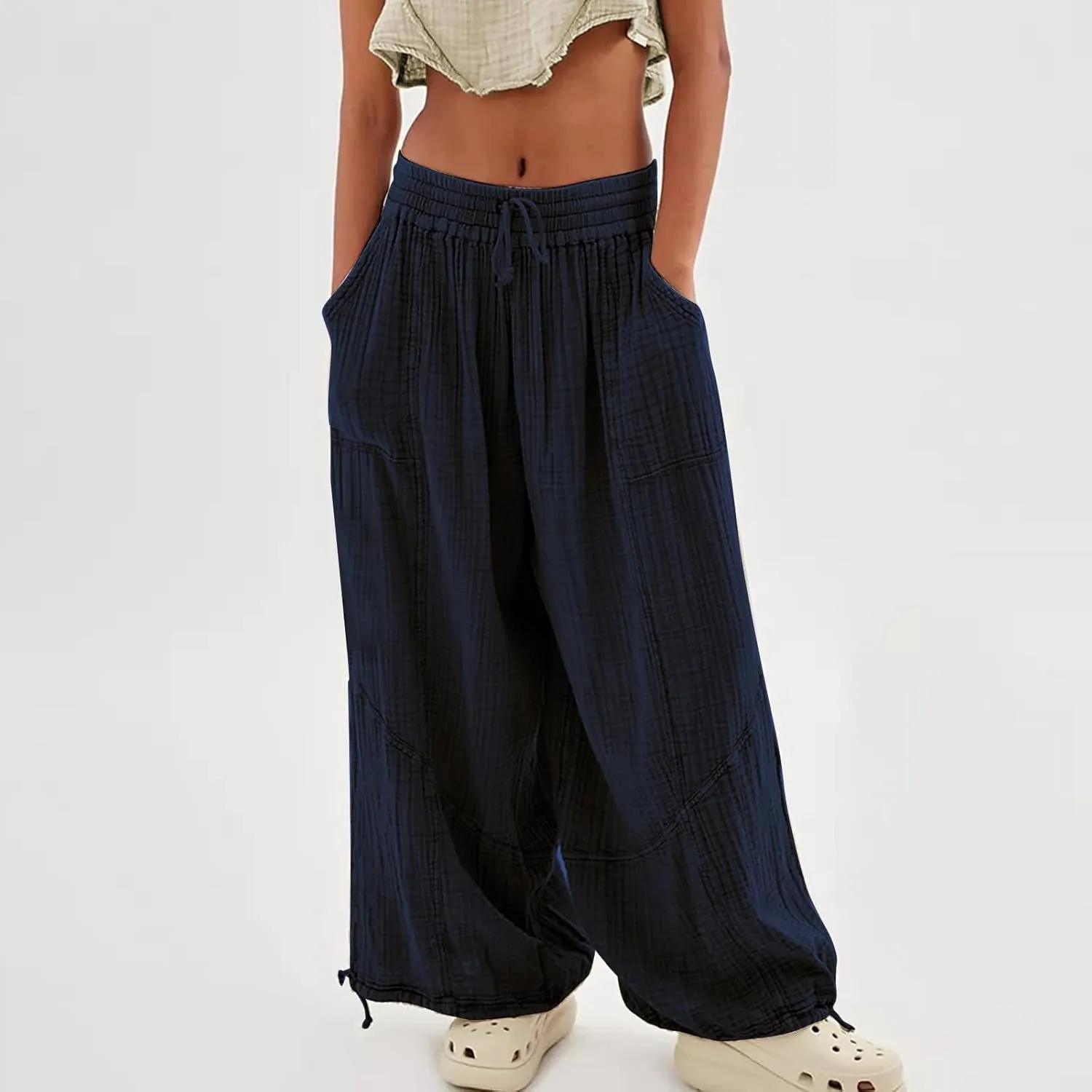 Linen Pants Women White Linen Pants Women Summer Baggy Pants 2024 Wide Leg Pants Woman Drastring Trousers with Pocket