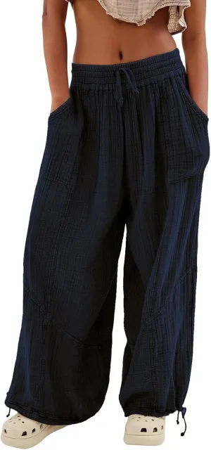 Linen Pants Women White Linen Pants Women Summer Baggy Pants 2024 Wide Leg Pants Woman Drastring Trousers with Pocket