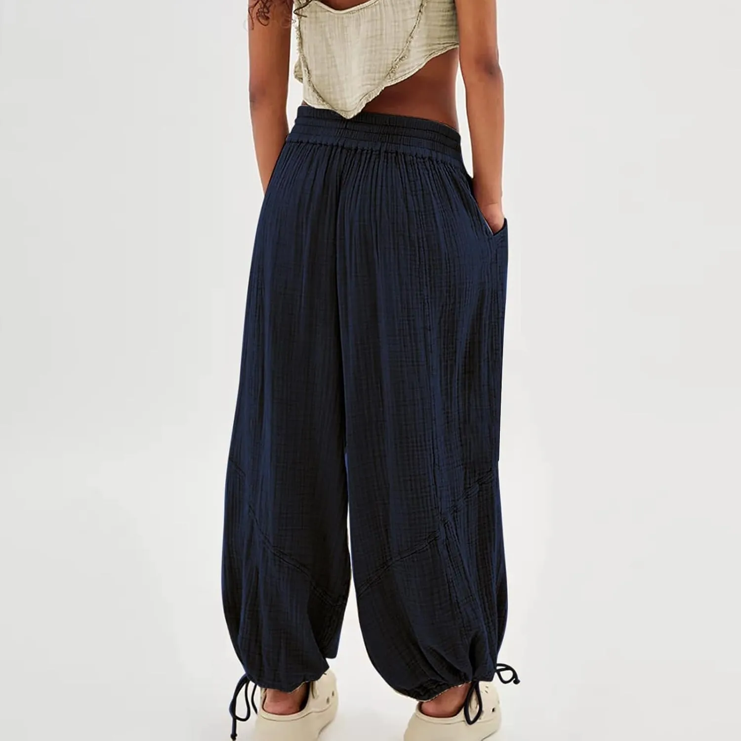 Linen Pants Women White Linen Pants Women Summer Baggy Pants 2024 Wide Leg Pants Woman Drastring Trousers with Pocket