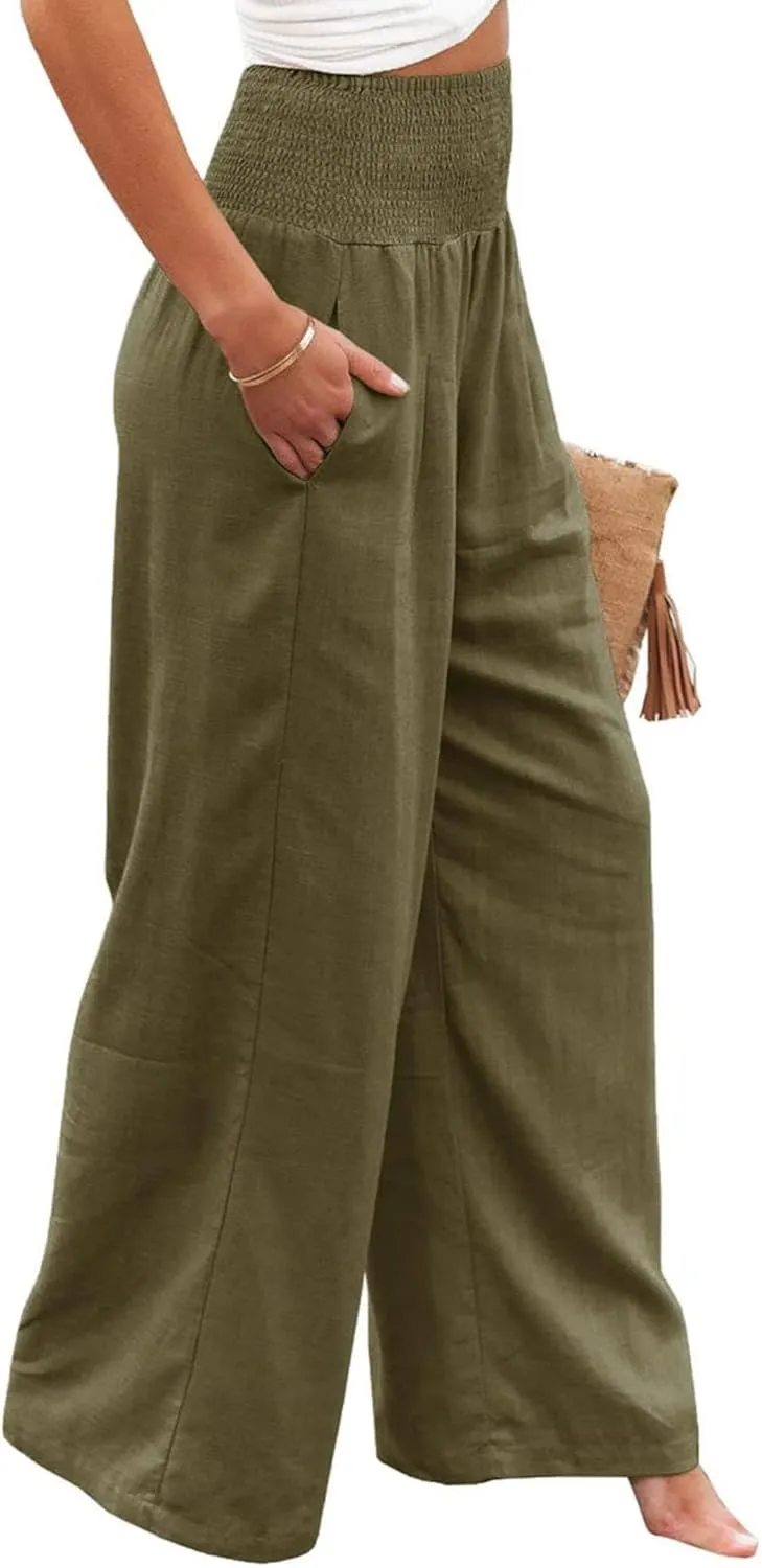Linen Pants Women Wide Leg Boho Palazzo Pants 2025 Casual Elastic High Waisted Pants Drawstring Lounge Trousers