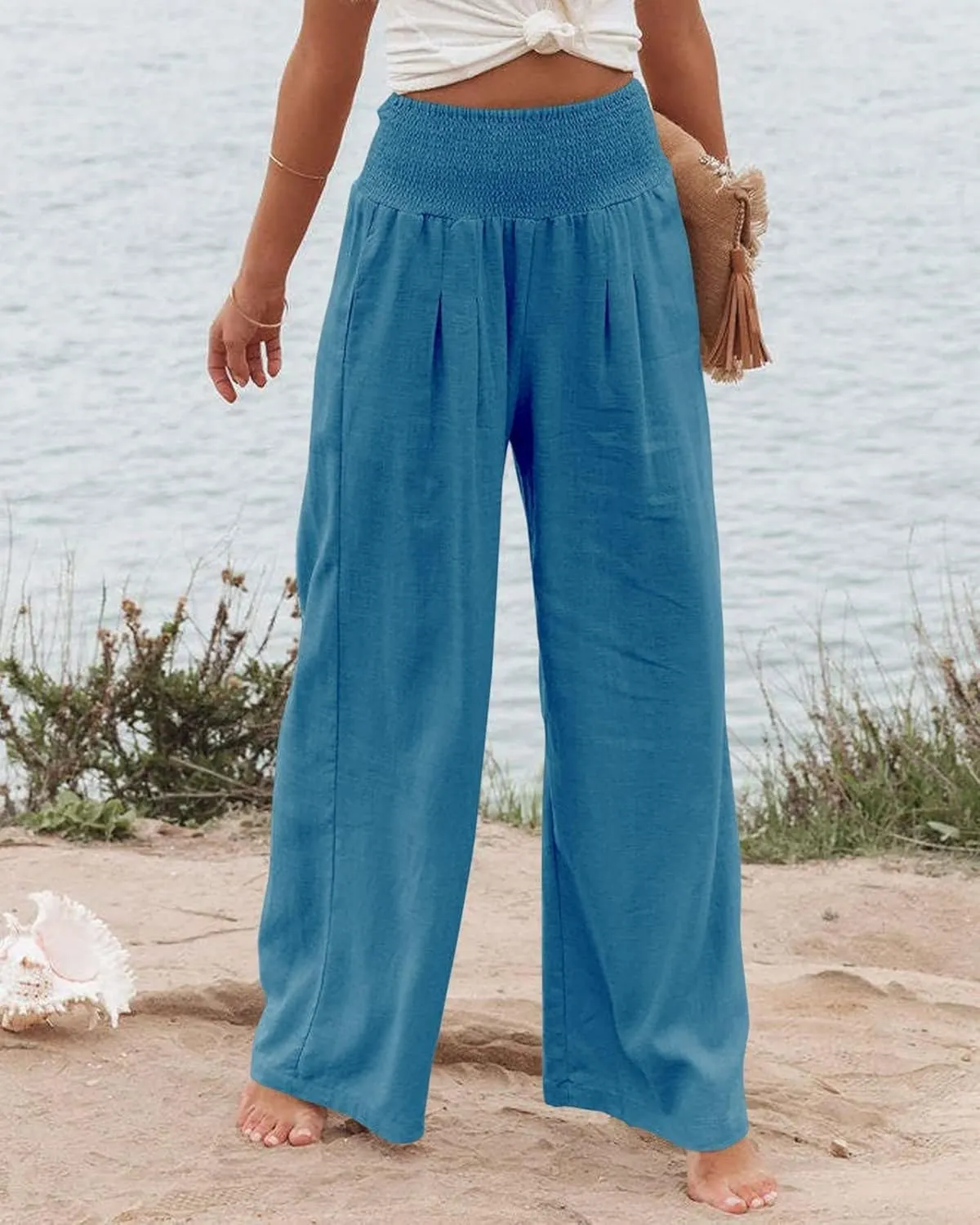 Linen Pants Women Wide Leg Boho Palazzo Pants 2025 Casual Elastic High Waisted Pants Drawstring Lounge Trousers