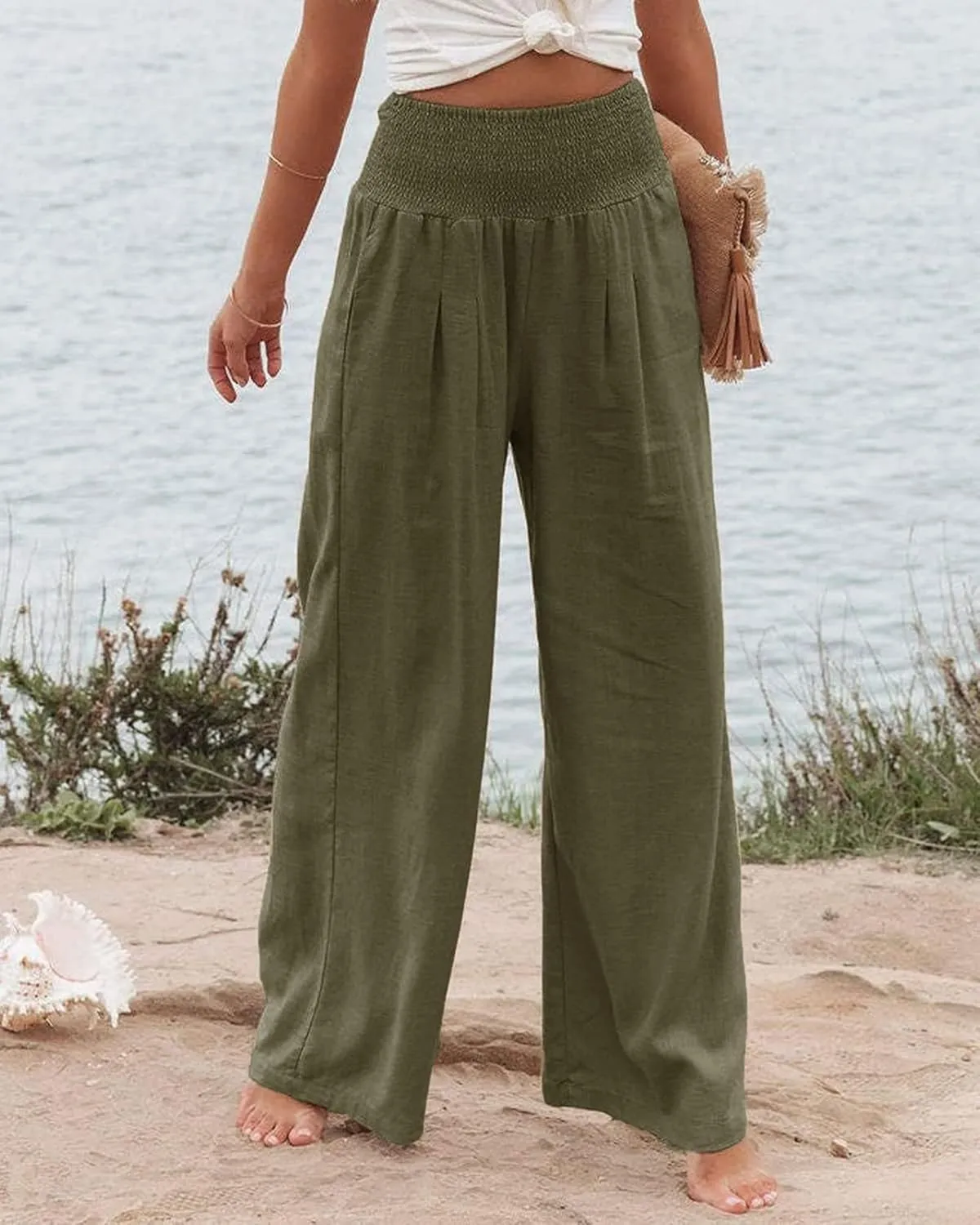 Linen Pants Women Wide Leg Boho Palazzo Pants 2025 Casual Elastic High Waisted Pants Drawstring Lounge Trousers