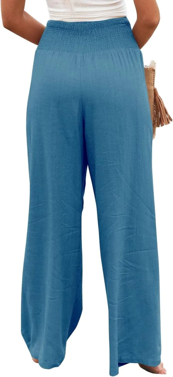 Linen Pants Women Wide Leg Boho Palazzo Pants 2025 Casual Elastic High Waisted Pants Drawstring Lounge Trousers