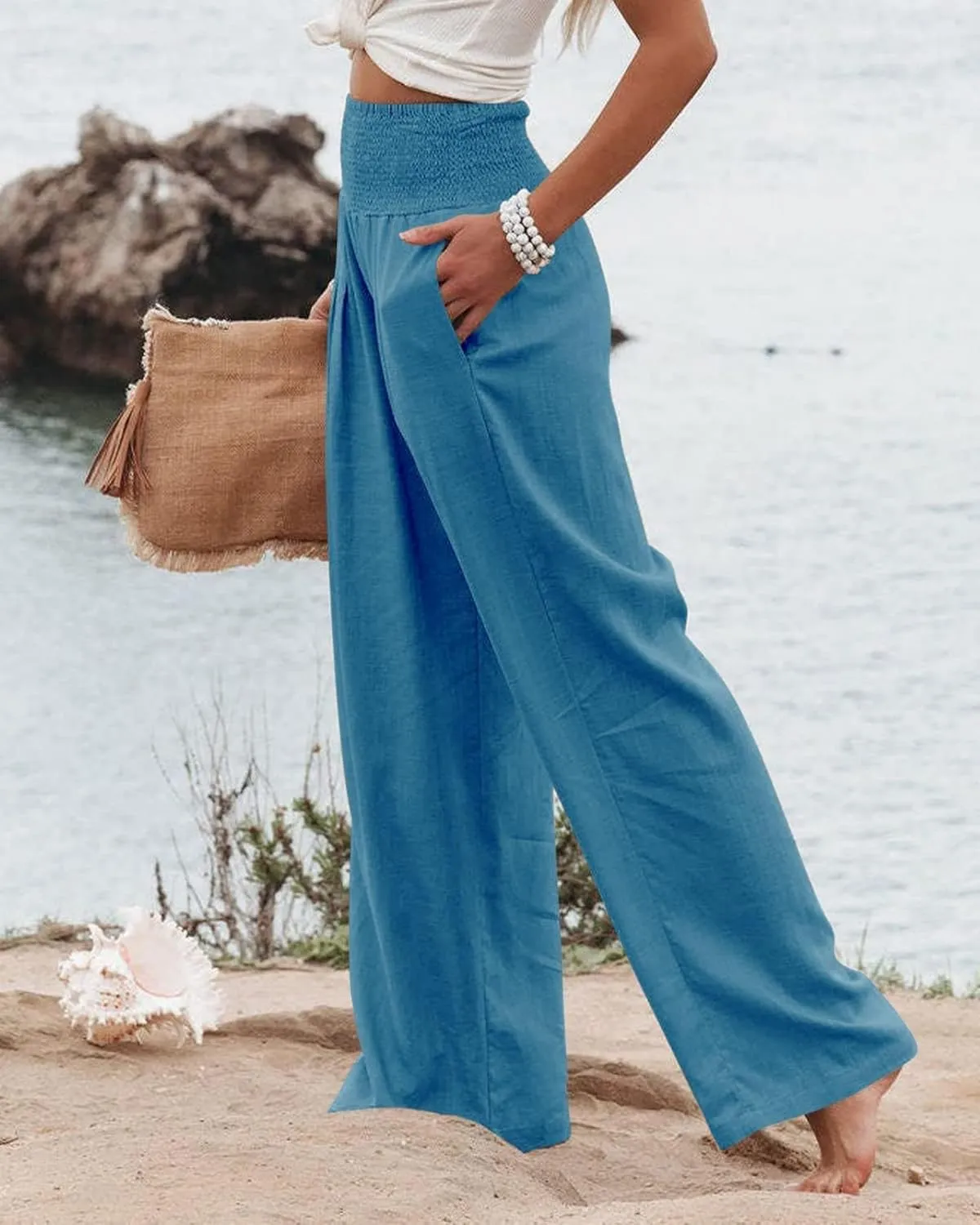 Linen Pants Women Wide Leg Boho Palazzo Pants 2025 Casual Elastic High Waisted Pants Drawstring Lounge Trousers