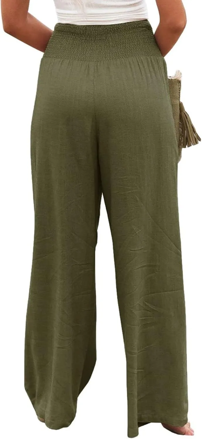 Linen Pants Women Wide Leg Boho Palazzo Pants 2025 Casual Elastic High Waisted Pants Drawstring Lounge Trousers