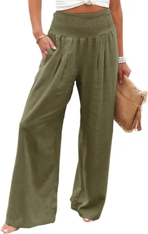 Linen Pants Women Wide Leg Boho Palazzo Pants 2025 Casual Elastic High Waisted Pants Drawstring Lounge Trousers