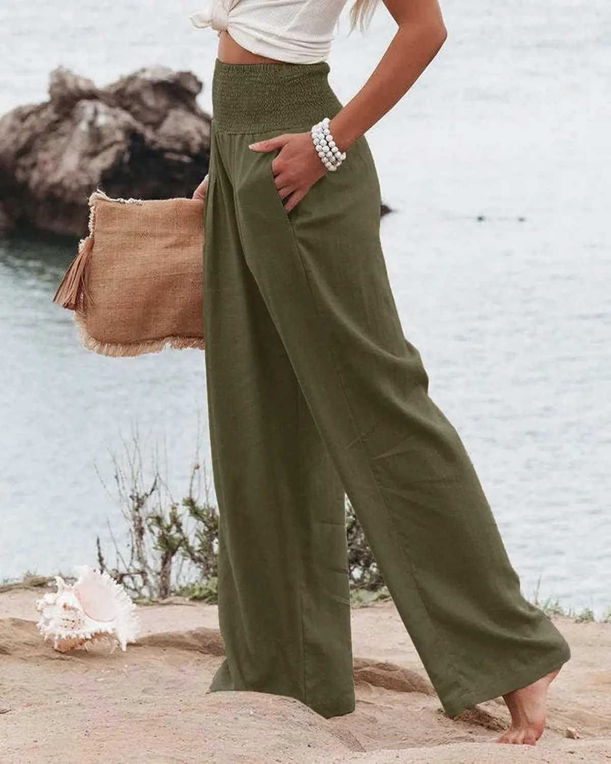 Linen Pants Women Wide Leg Boho Palazzo Pants 2025 Casual Elastic High Waisted Pants Drawstring Lounge Trousers